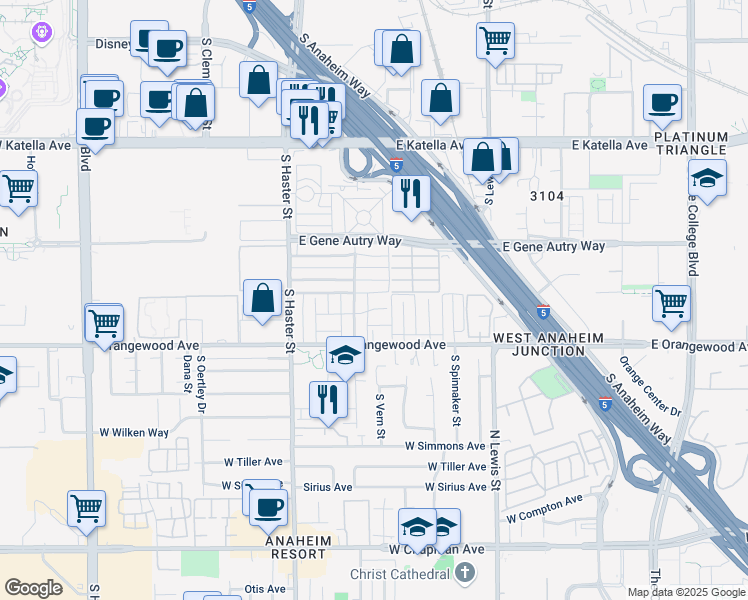 map of restaurants, bars, coffee shops, grocery stores, and more near 315 Pearson Avenue in Anaheim
