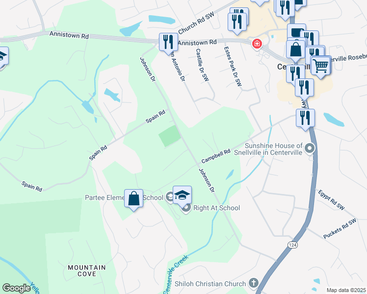 map of restaurants, bars, coffee shops, grocery stores, and more near 3536 Johnson Drive in Snellville