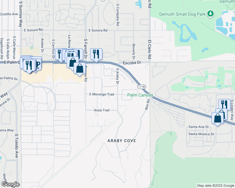 map of restaurants, bars, coffee shops, grocery stores, and more near S Araby Dr & E Morongo Trail in Palm Springs