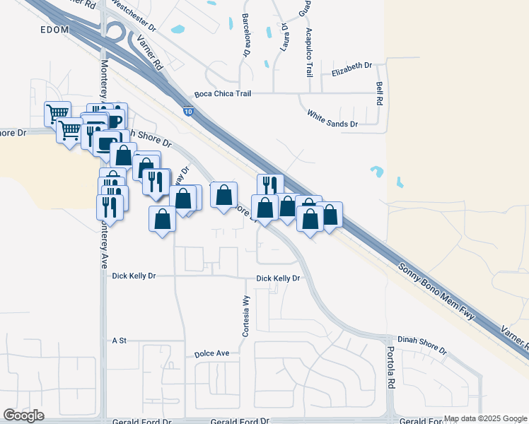 map of restaurants, bars, coffee shops, grocery stores, and more near 73700 Dinah Shore Drive in Palm Desert