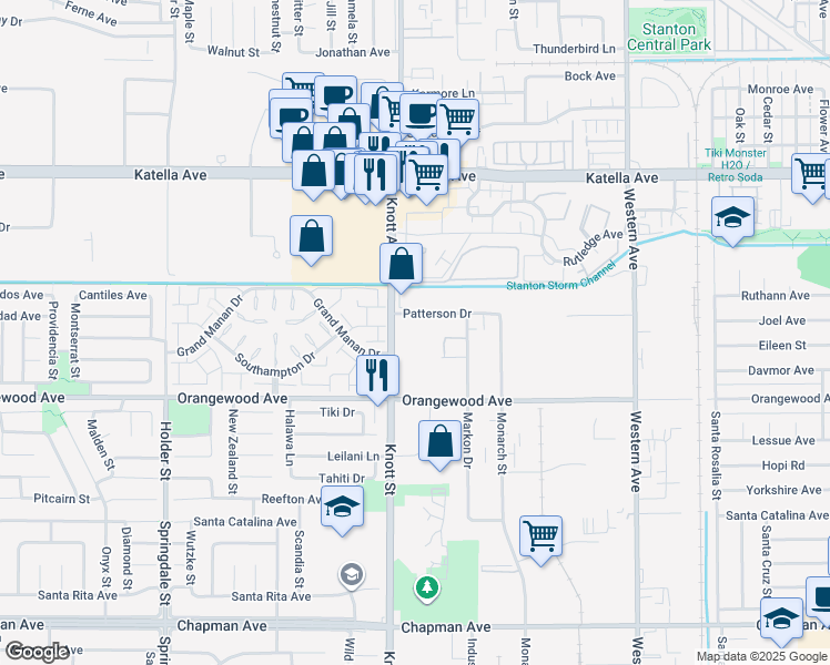map of restaurants, bars, coffee shops, grocery stores, and more near 7070 Patterson Drive in Garden Grove