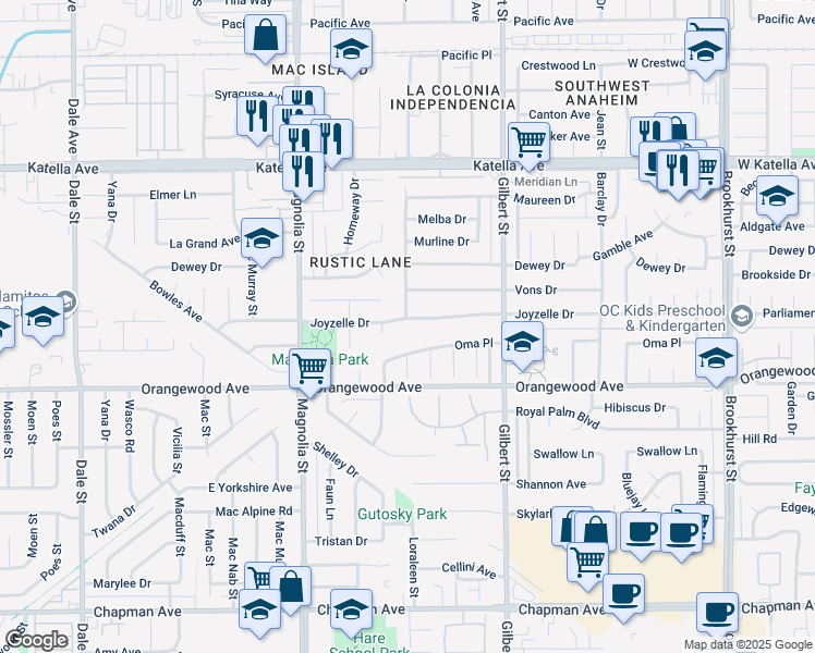 map of restaurants, bars, coffee shops, grocery stores, and more near 9262 Joyzelle Drive in Garden Grove