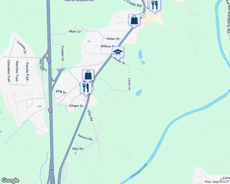 map of restaurants, bars, coffee shops, grocery stores, and more near 1005 Love Lane in Warrior