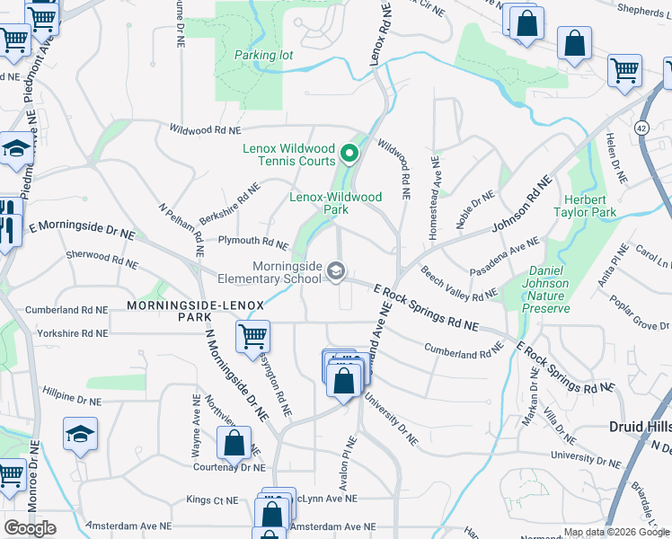 map of restaurants, bars, coffee shops, grocery stores, and more near 1050 East Rock Springs Road Northeast in Atlanta
