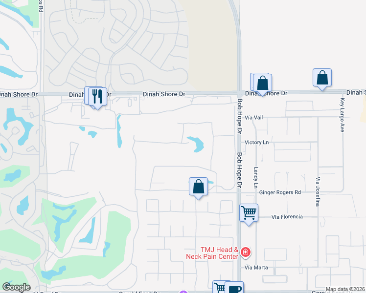 map of restaurants, bars, coffee shops, grocery stores, and more near 15 Pine Valley Drive in Rancho Mirage