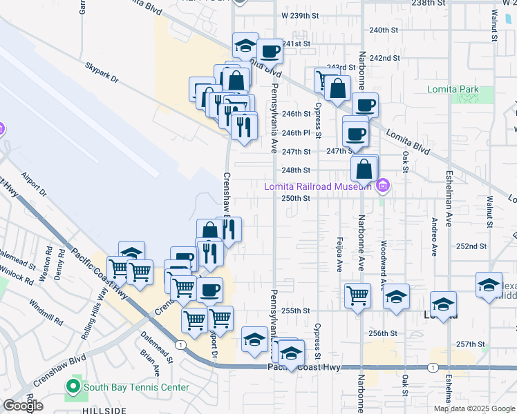 map of restaurants, bars, coffee shops, grocery stores, and more near 2428 250th Street in Lomita