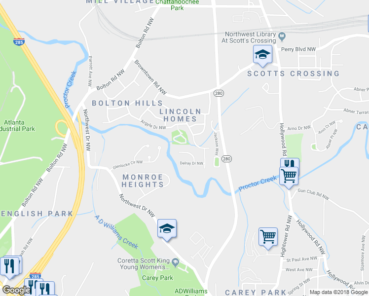 map of restaurants, bars, coffee shops, grocery stores, and more near 1583 Ferno Drive Northwest in Atlanta