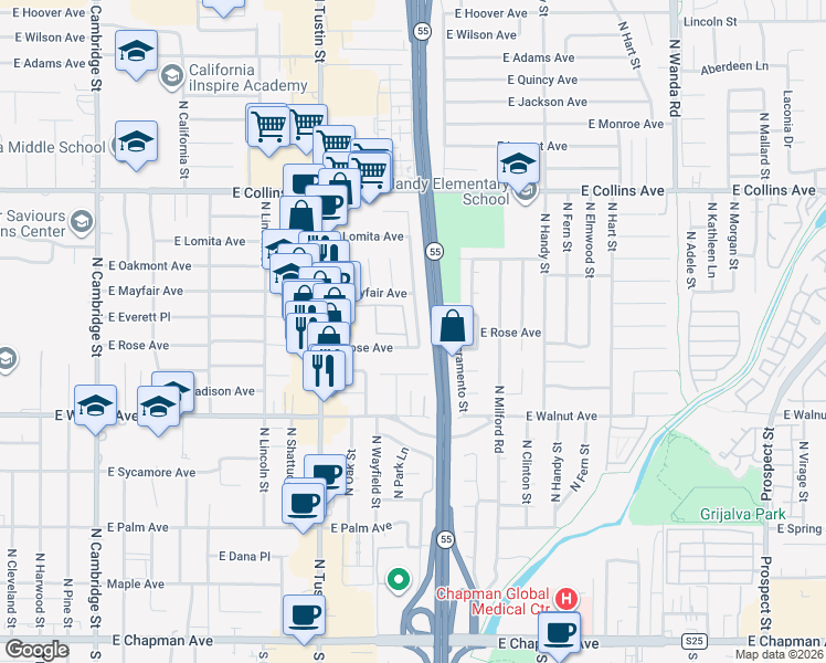 map of restaurants, bars, coffee shops, grocery stores, and more near 660 North Highland Street in Orange