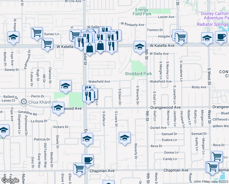 map of restaurants, bars, coffee shops, grocery stores, and more near 1616 West Ricky Avenue in Anaheim