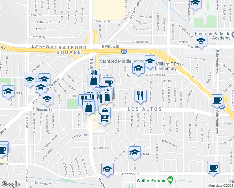 map of restaurants, bars, coffee shops, grocery stores, and more near 2265 San Anseline Avenue in Long Beach