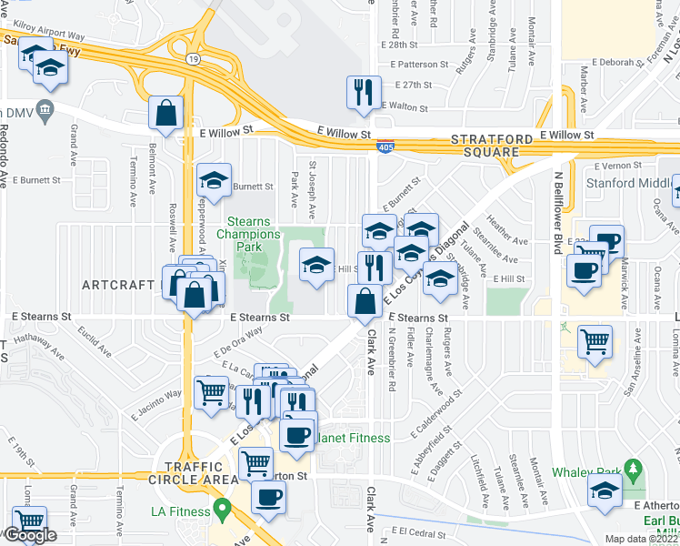 map of restaurants, bars, coffee shops, grocery stores, and more near 2247 Granada Avenue in Long Beach