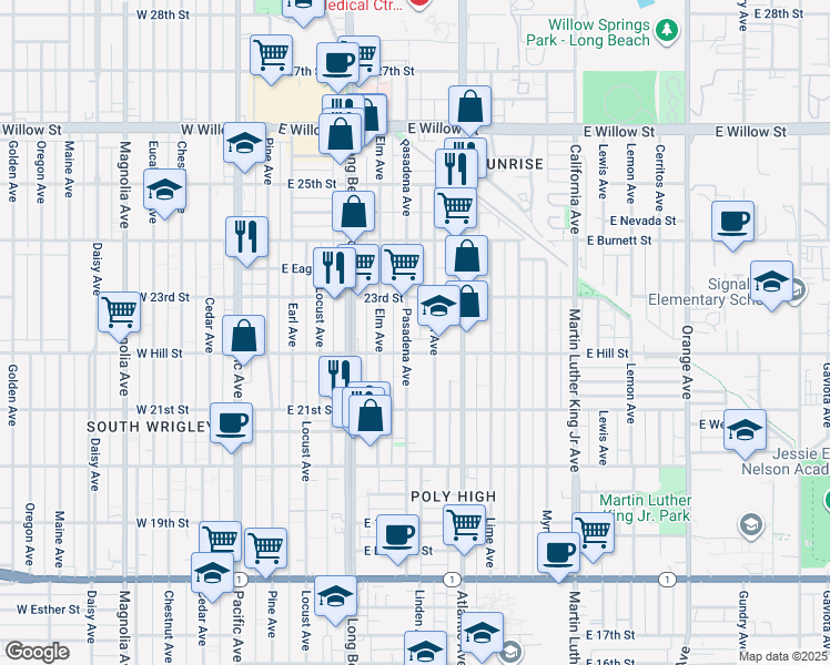 map of restaurants, bars, coffee shops, grocery stores, and more near 2247 Linden Avenue in Long Beach