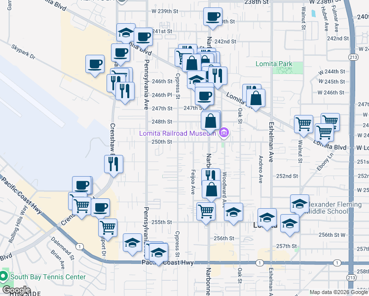 map of restaurants, bars, coffee shops, grocery stores, and more near 2240 250th Street in Lomita
