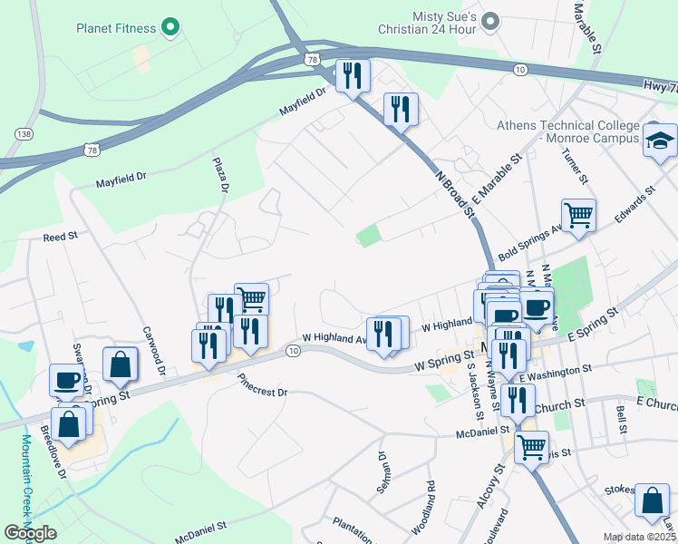 map of restaurants, bars, coffee shops, grocery stores, and more near 418 Walton Street in Monroe