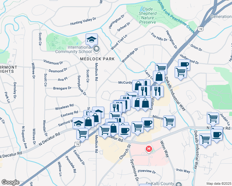map of restaurants, bars, coffee shops, grocery stores, and more near 1415 Tuxworth Circle in Decatur