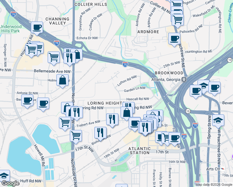 map of restaurants, bars, coffee shops, grocery stores, and more near 1570 Steele Drive Northwest in Atlanta