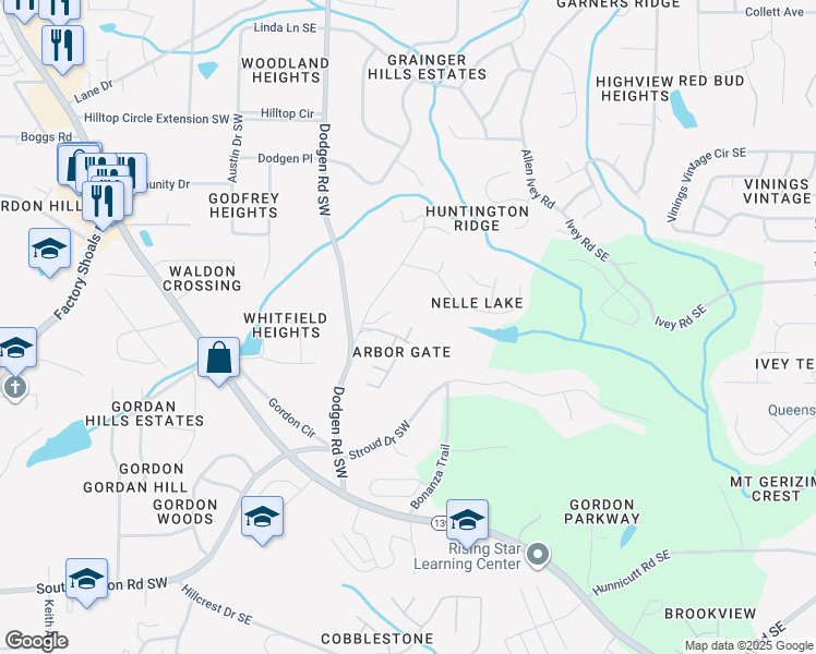 map of restaurants, bars, coffee shops, grocery stores, and more near 6489 Arbor Gate Drive Southwest in Mableton