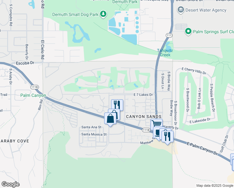 map of restaurants, bars, coffee shops, grocery stores, and more near 4 Desert Lakes Drive in Palm Springs