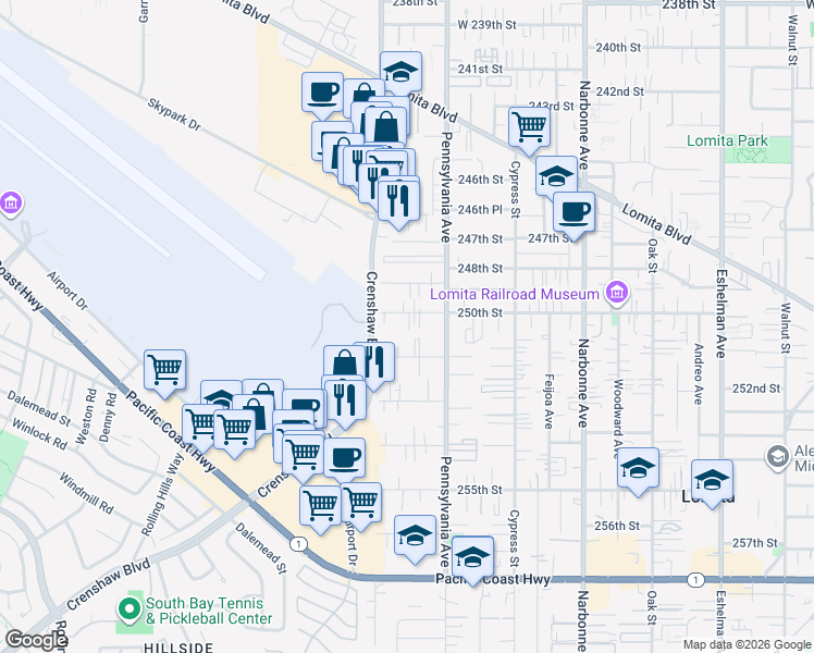 map of restaurants, bars, coffee shops, grocery stores, and more near 2456 250th Street in Lomita