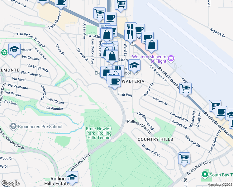 map of restaurants, bars, coffee shops, grocery stores, and more near 24596 Hawthorne Boulevard in Torrance