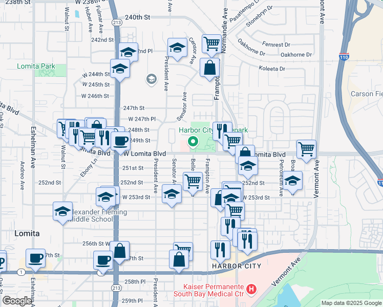 map of restaurants, bars, coffee shops, grocery stores, and more near 1405 Lomita Boulevard in Los Angeles
