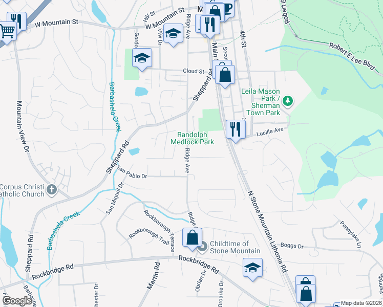 map of restaurants, bars, coffee shops, grocery stores, and more near 694 Ridge Avenue in Stone Mountain