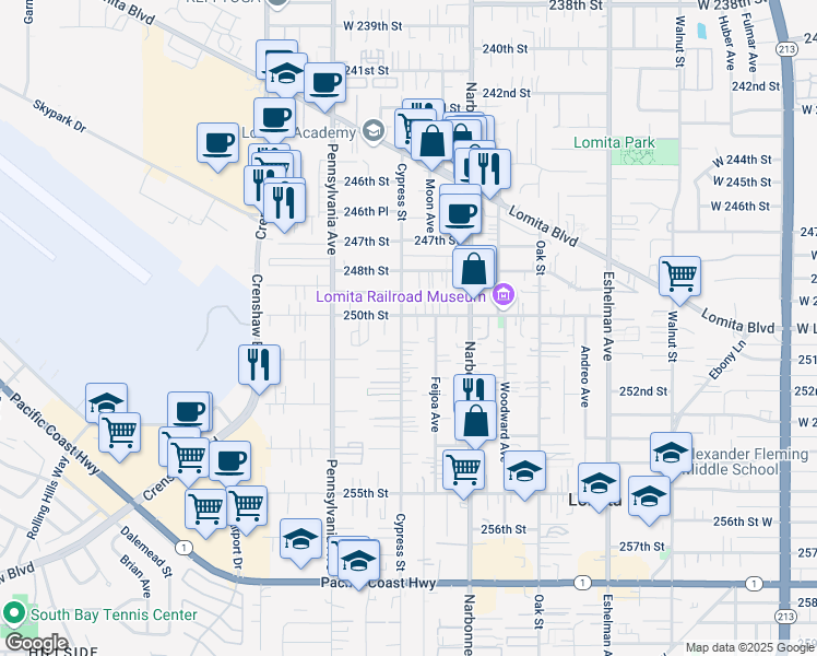map of restaurants, bars, coffee shops, grocery stores, and more near 25007 Cypress Street in Lomita