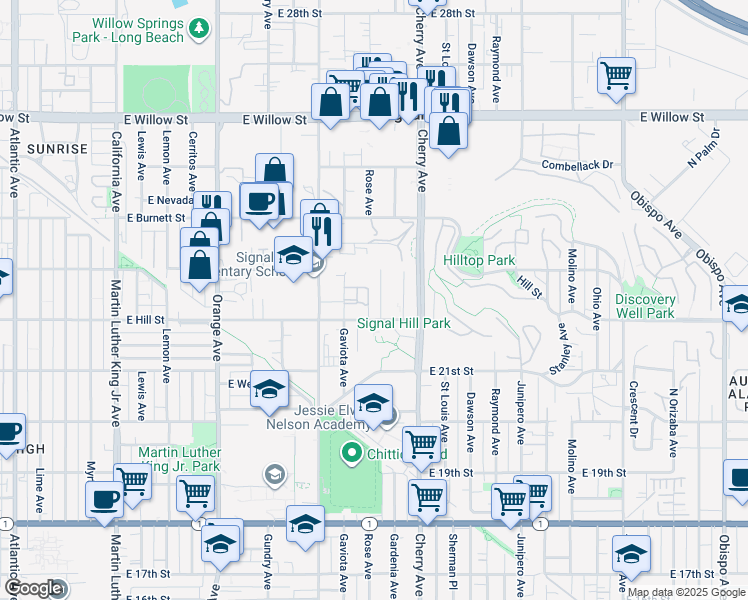 map of restaurants, bars, coffee shops, grocery stores, and more near 2233 Rose Avenue in Signal Hill