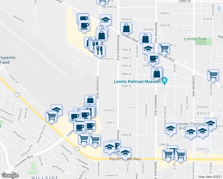 map of restaurants, bars, coffee shops, grocery stores, and more near 2428 250th Street in Lomita