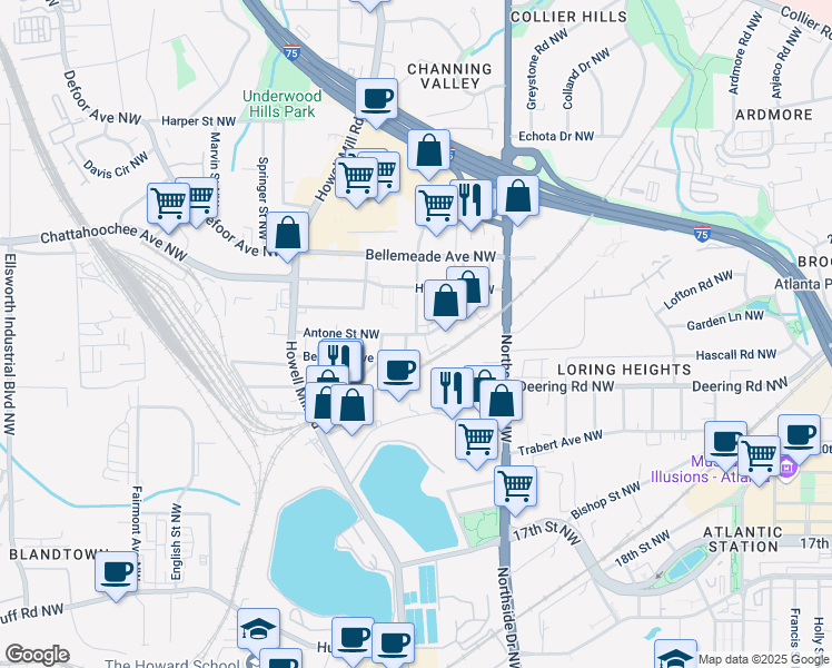 map of restaurants, bars, coffee shops, grocery stores, and more near 701 Antone Street Northwest in Atlanta