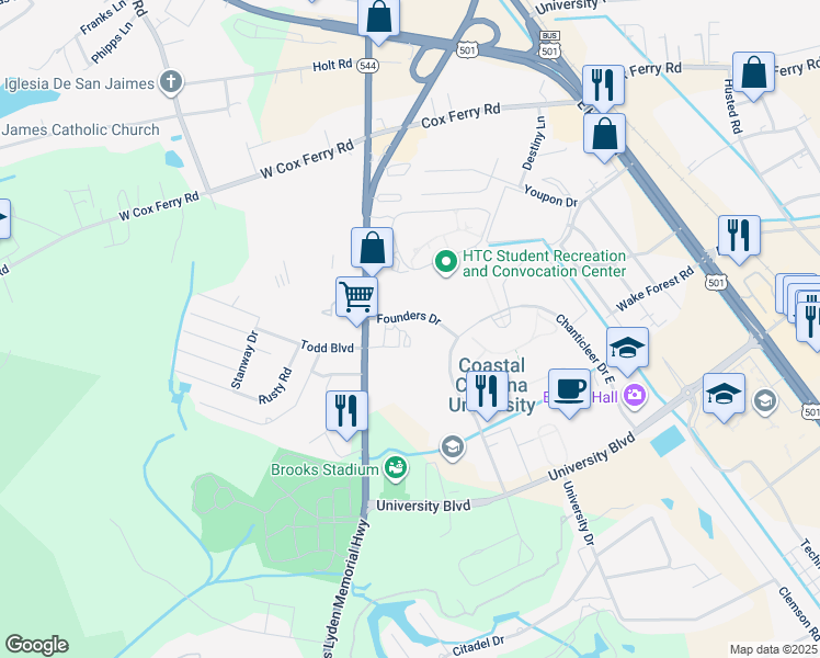map of restaurants, bars, coffee shops, grocery stores, and more near 107 Founders Drive in Conway