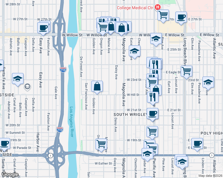 map of restaurants, bars, coffee shops, grocery stores, and more near 2238 Maine Avenue in Long Beach