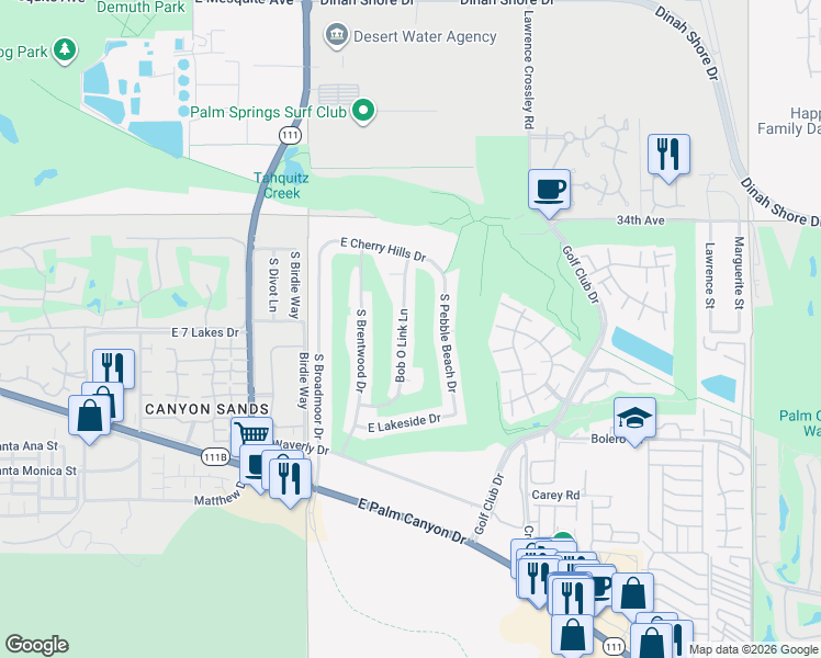 map of restaurants, bars, coffee shops, grocery stores, and more near 170 North Palm Canyon Drive in Palm Springs