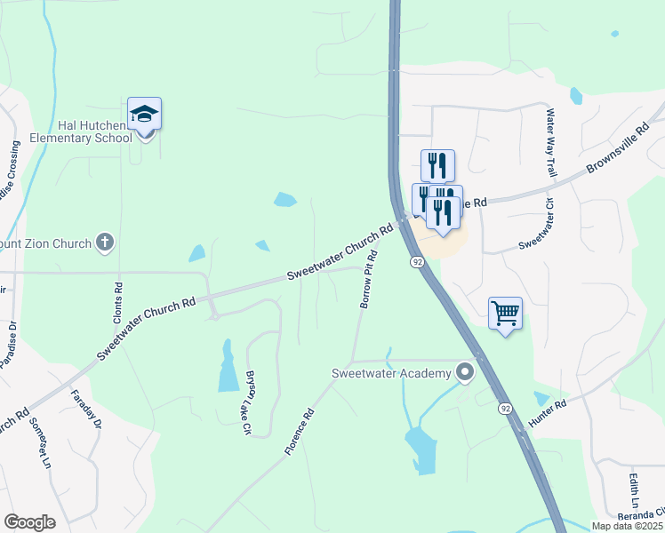 map of restaurants, bars, coffee shops, grocery stores, and more near 215 Sweetwater Church Road in Douglasville