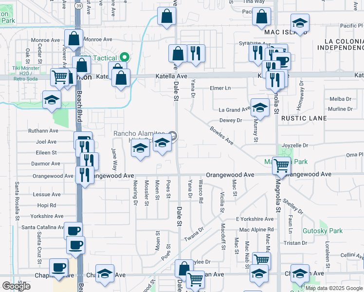 map of restaurants, bars, coffee shops, grocery stores, and more near 11334 Dale Street in Garden Grove