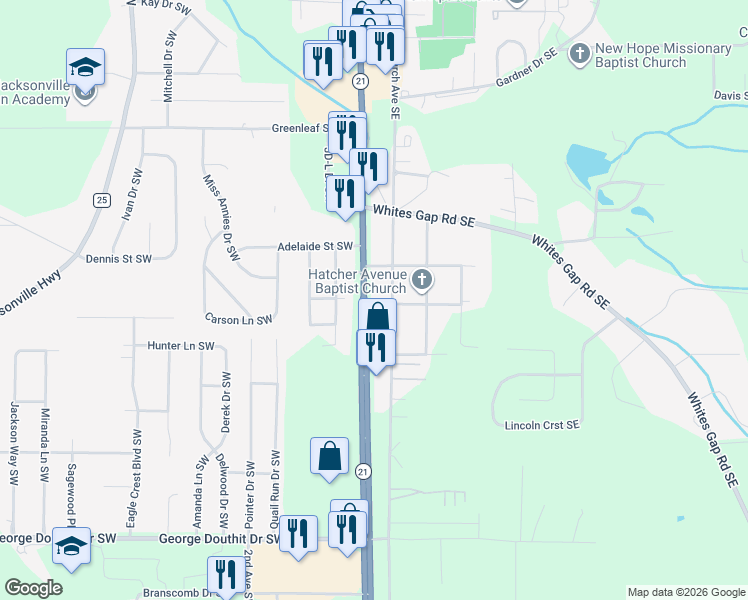 map of restaurants, bars, coffee shops, grocery stores, and more near 1318 Pelham Road South in Jacksonville