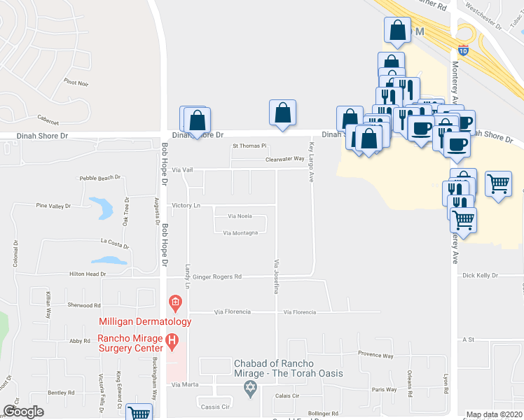 map of restaurants, bars, coffee shops, grocery stores, and more near 32 Via Noela in Rancho Mirage
