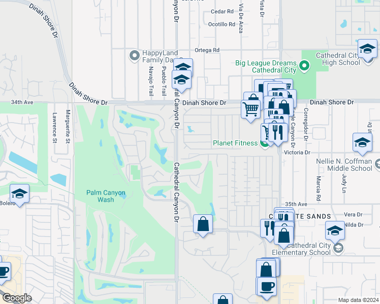 map of restaurants, bars, coffee shops, grocery stores, and more near 10 Coble Drive in Cathedral City