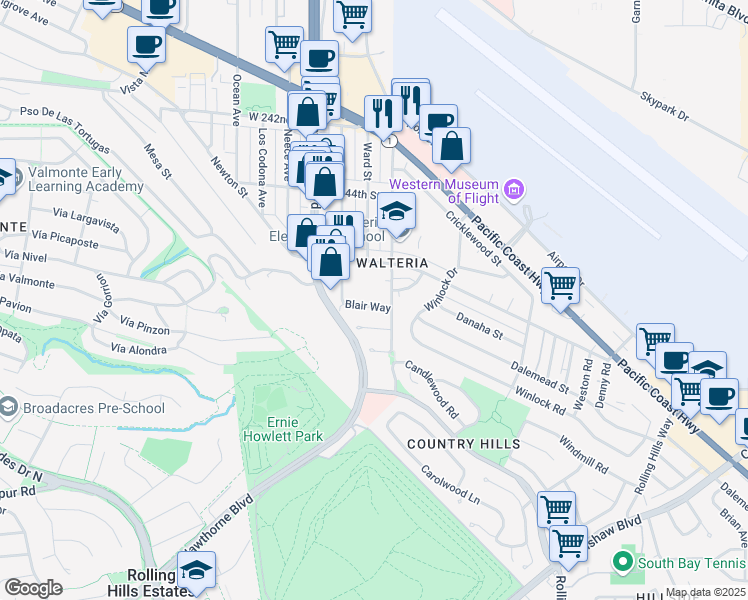 map of restaurants, bars, coffee shops, grocery stores, and more near 3619 Blair Way in Torrance