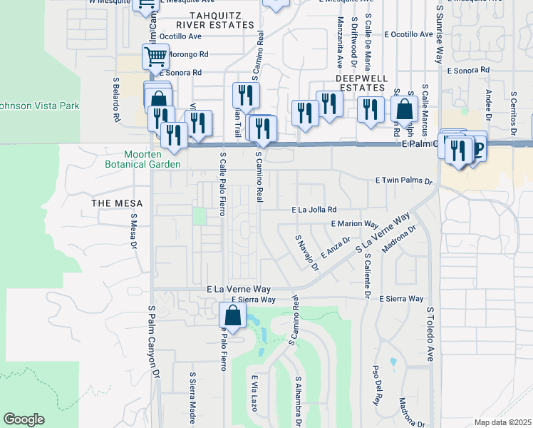 map of restaurants, bars, coffee shops, grocery stores, and more near 1900 South Camino Real in Palm Springs