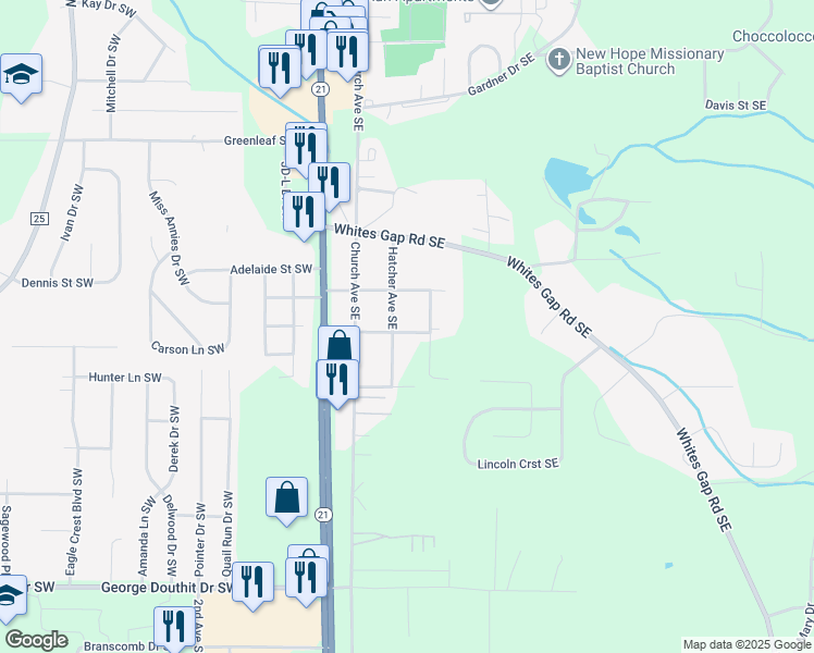 map of restaurants, bars, coffee shops, grocery stores, and more near 308 Hollingsworth Street Southeast in Jacksonville