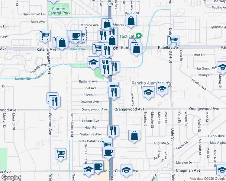 map of restaurants, bars, coffee shops, grocery stores, and more near 11353 Antonio in Stanton