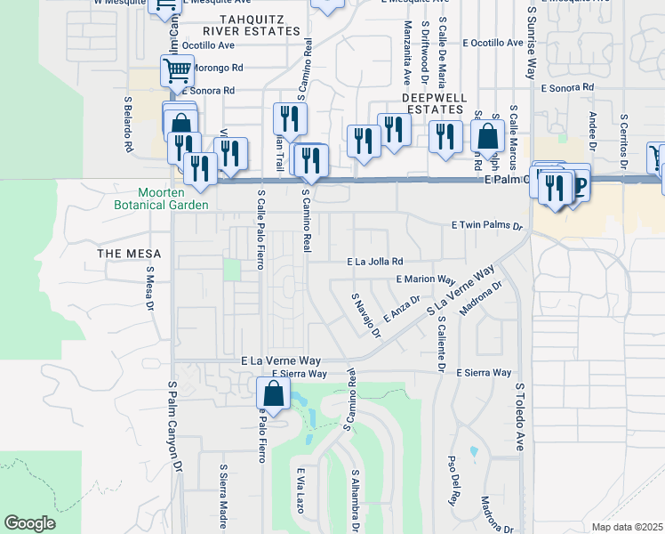 map of restaurants, bars, coffee shops, grocery stores, and more near 973 East La Jolla Road in Palm Springs