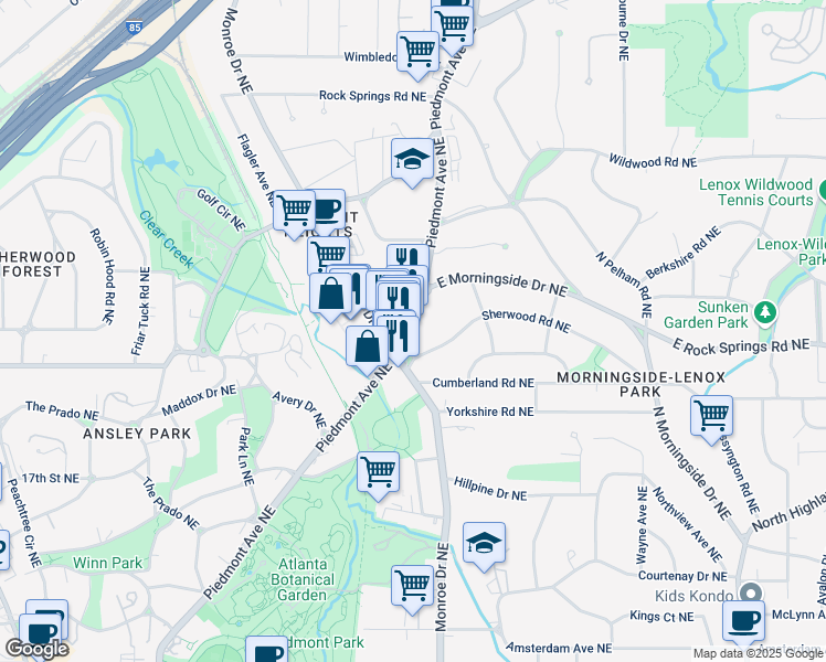 map of restaurants, bars, coffee shops, grocery stores, and more near 1585 Piedmont Avenue Northeast in Atlanta