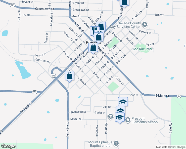 map of restaurants, bars, coffee shops, grocery stores, and more near 326 East Pine Street in Prescott
