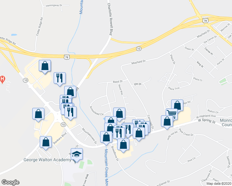map of restaurants, bars, coffee shops, grocery stores, and more near 322 Parkway Place in Monroe
