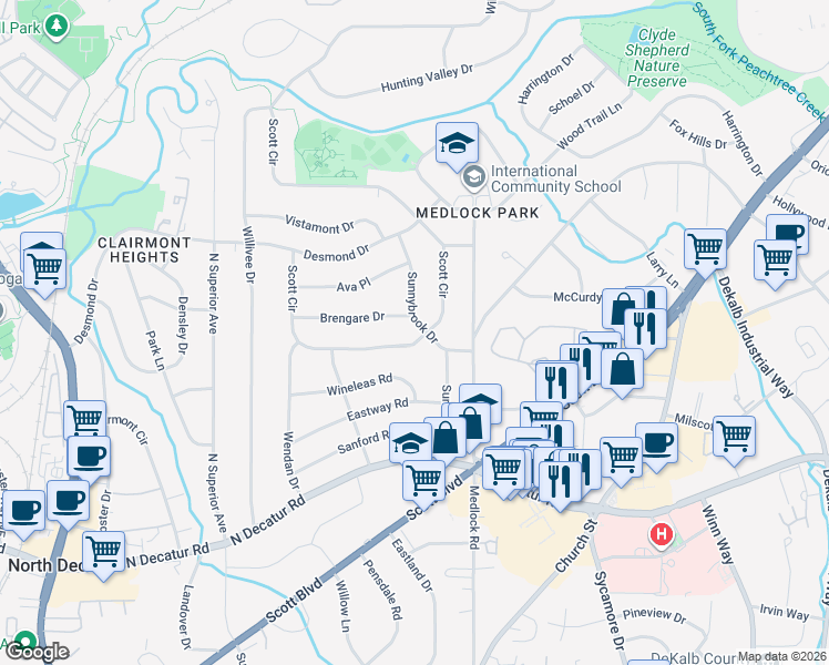 map of restaurants, bars, coffee shops, grocery stores, and more near 718 Sunnybrook Drive in Decatur