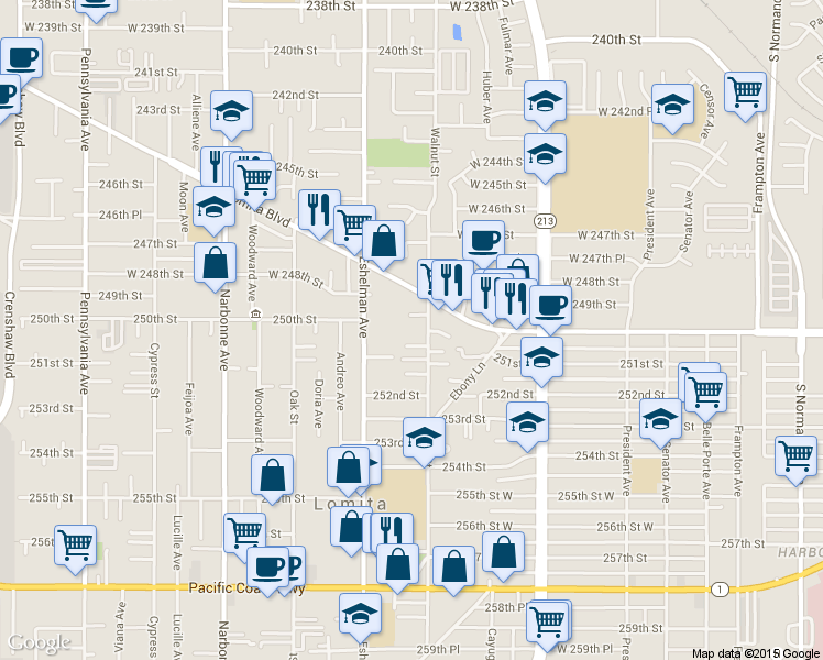map of restaurants, bars, coffee shops, grocery stores, and more near 25007 Walnut St in Lomita