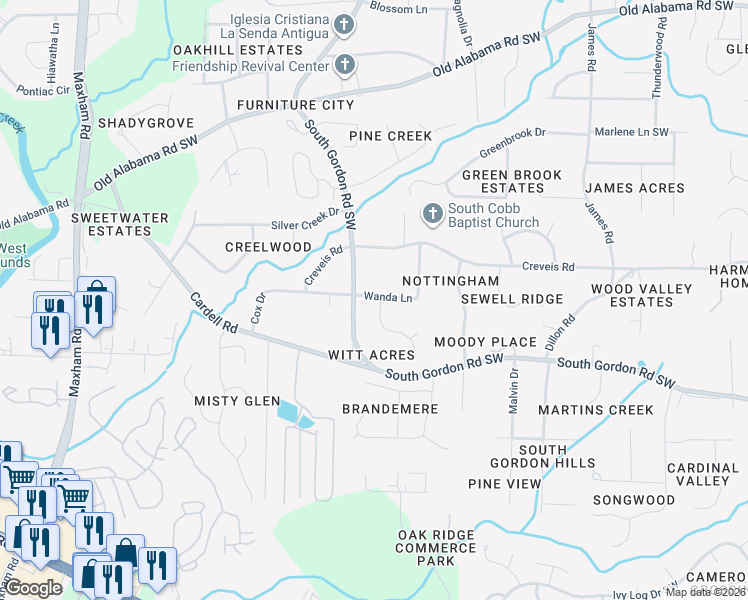 map of restaurants, bars, coffee shops, grocery stores, and more near 6453 Wanda Ln in Austell