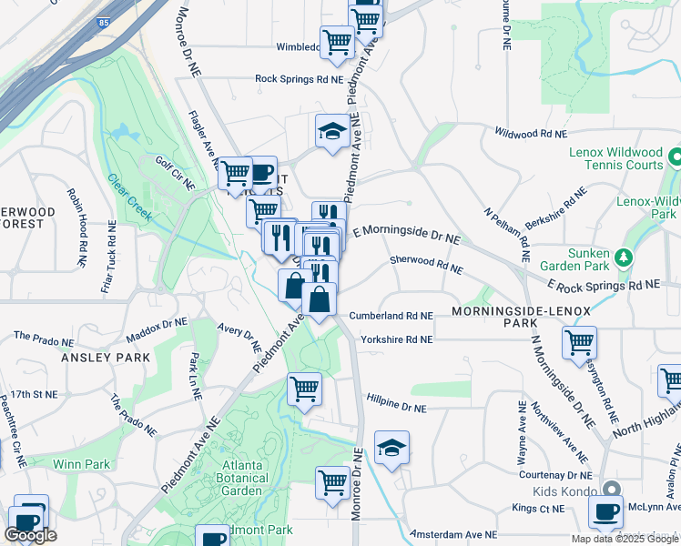 map of restaurants, bars, coffee shops, grocery stores, and more near 1591 Piedmont Avenue Northeast in Atlanta